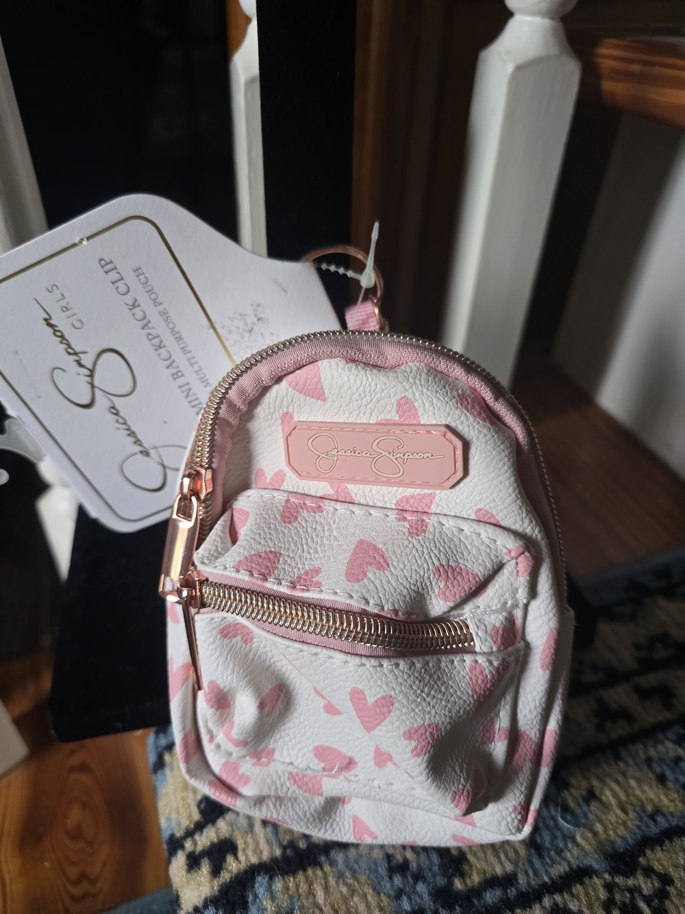 Jessica Simpson Cream Mini Backpack Keychain with Pink Hearts